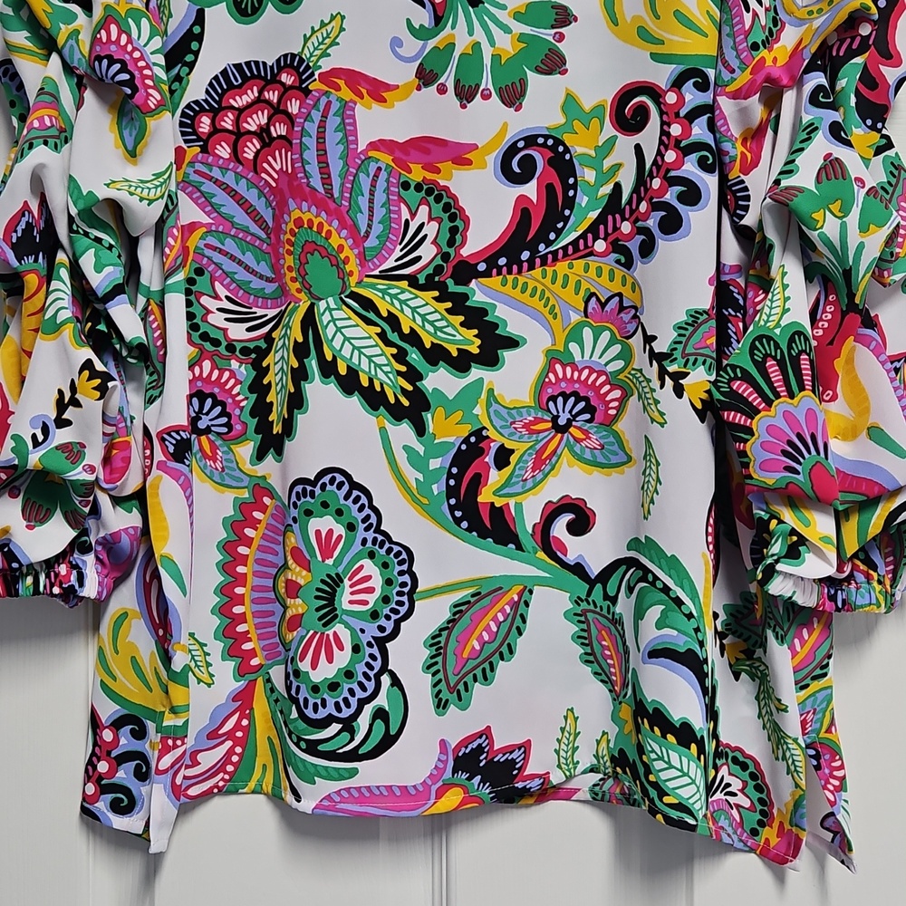 Slim Factor 3/4 Tiered Sleeve Boat Neck Blouse: White/multicolor Floral: Large - Picture 3 of 14